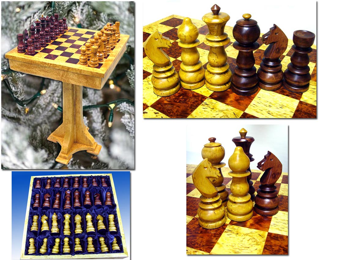 Шахматный стол с фигурами из карельский березы